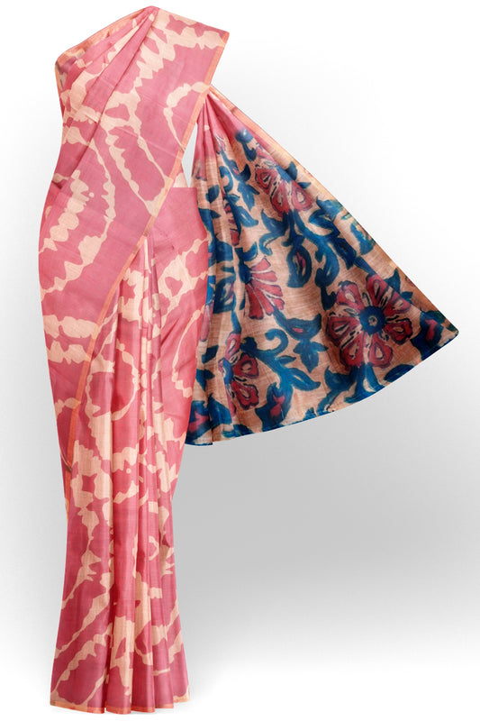 Pink Semi Linen Artsy Rings Printed Zari Border Floral Pallu Saree