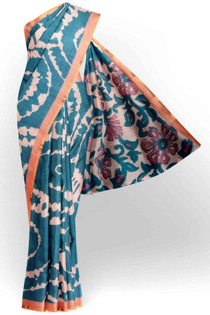 Grey Semi Linen Artsy Rings Printed Zari Border Floral Pallu Saree