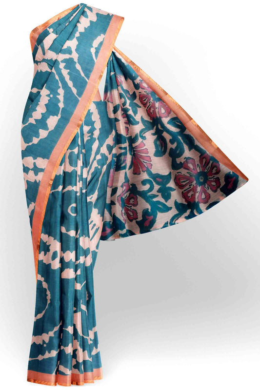 Grey Semi Linen Artsy Rings Printed Zari Border Floral Pallu Saree