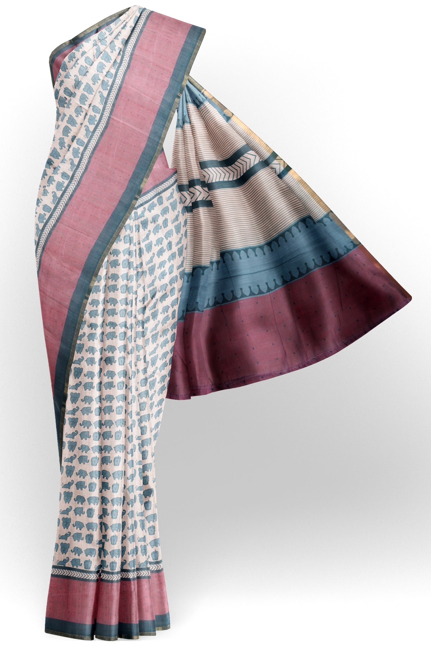 Off White Semi Linen Elephant Printed Zari Border Saree