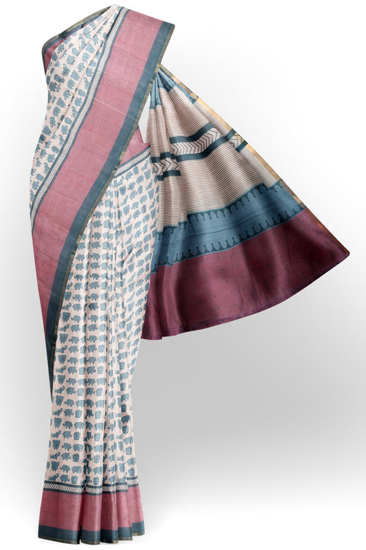 Off White Semi Linen Elephant Printed Zari Border Saree