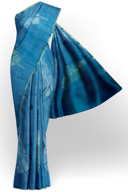 Blue Semi Linen Grand Greens Printed Zari Border Saree