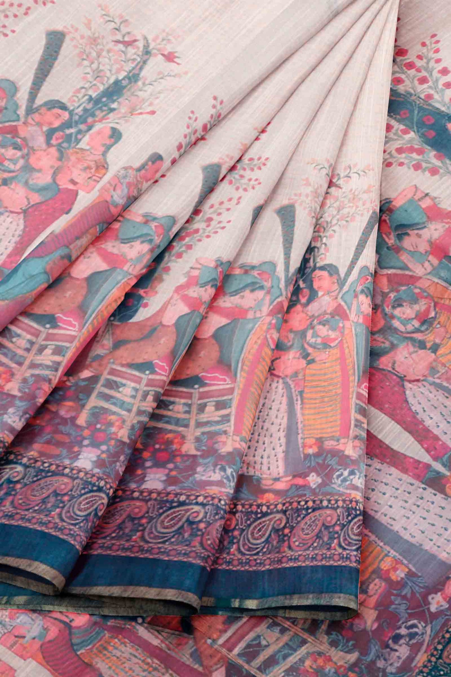 Off White Semi linen Heritage Story Printed Zari Border Saree