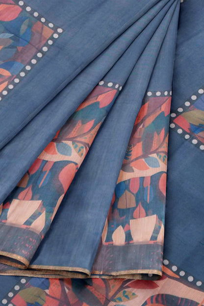 Grey Semi Linen Elephant Frames Zari Border Saree
