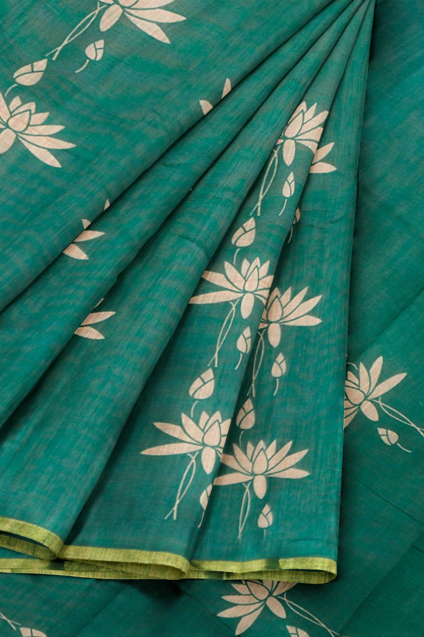 Green Semi Linen Regal Lotus Printed Zari Border Saree
