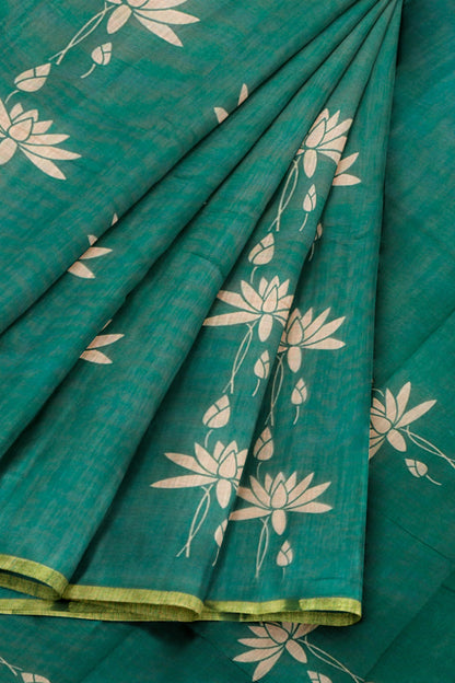 Green Semi Linen Regal Lotus Printed Zari Border Saree
