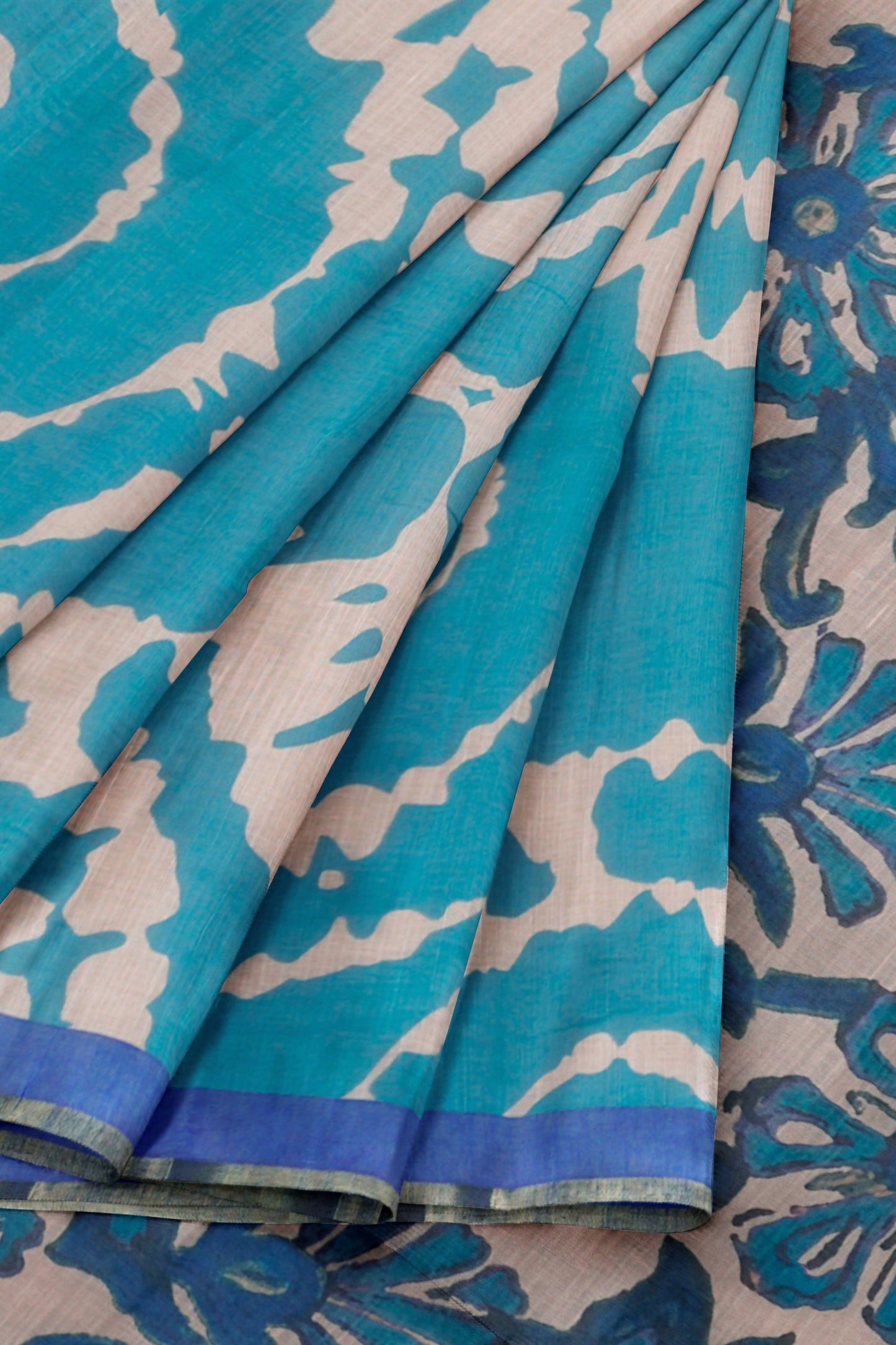 Sky Blue Semi Linen Artsy Rings Printed Zari Border Floral Pallu Saree