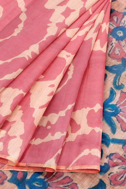Pink Semi Linen Artsy Rings Printed Zari Border Floral Pallu Saree