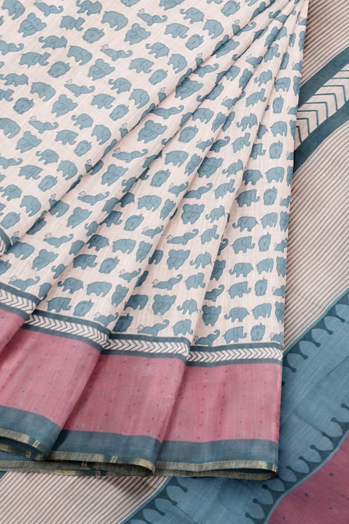 Off White Semi Linen Elephant Printed Zari Border Saree
