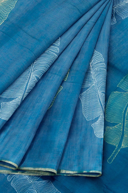 Blue Semi Linen Grand Greens Printed Zari Border Saree