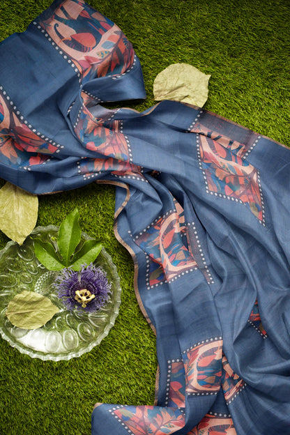 Grey Semi Linen Elephant Frames Zari Border Saree