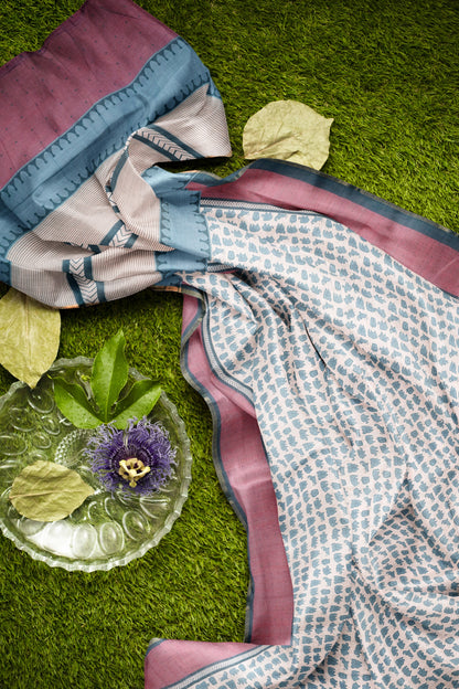Off White Semi Linen Elephant Printed Zari Border Saree