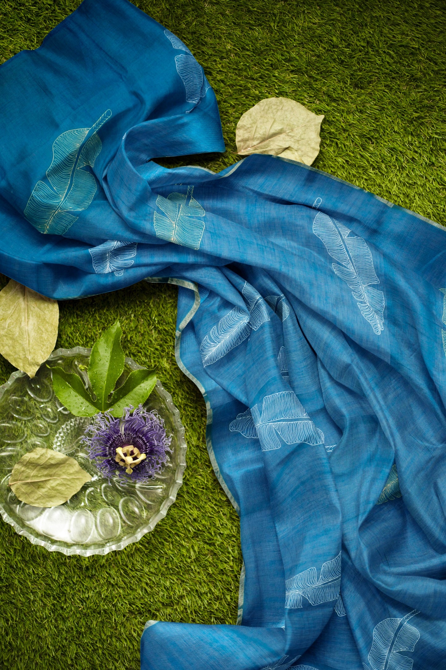 Blue Semi Linen Grand Greens Printed Zari Border Saree