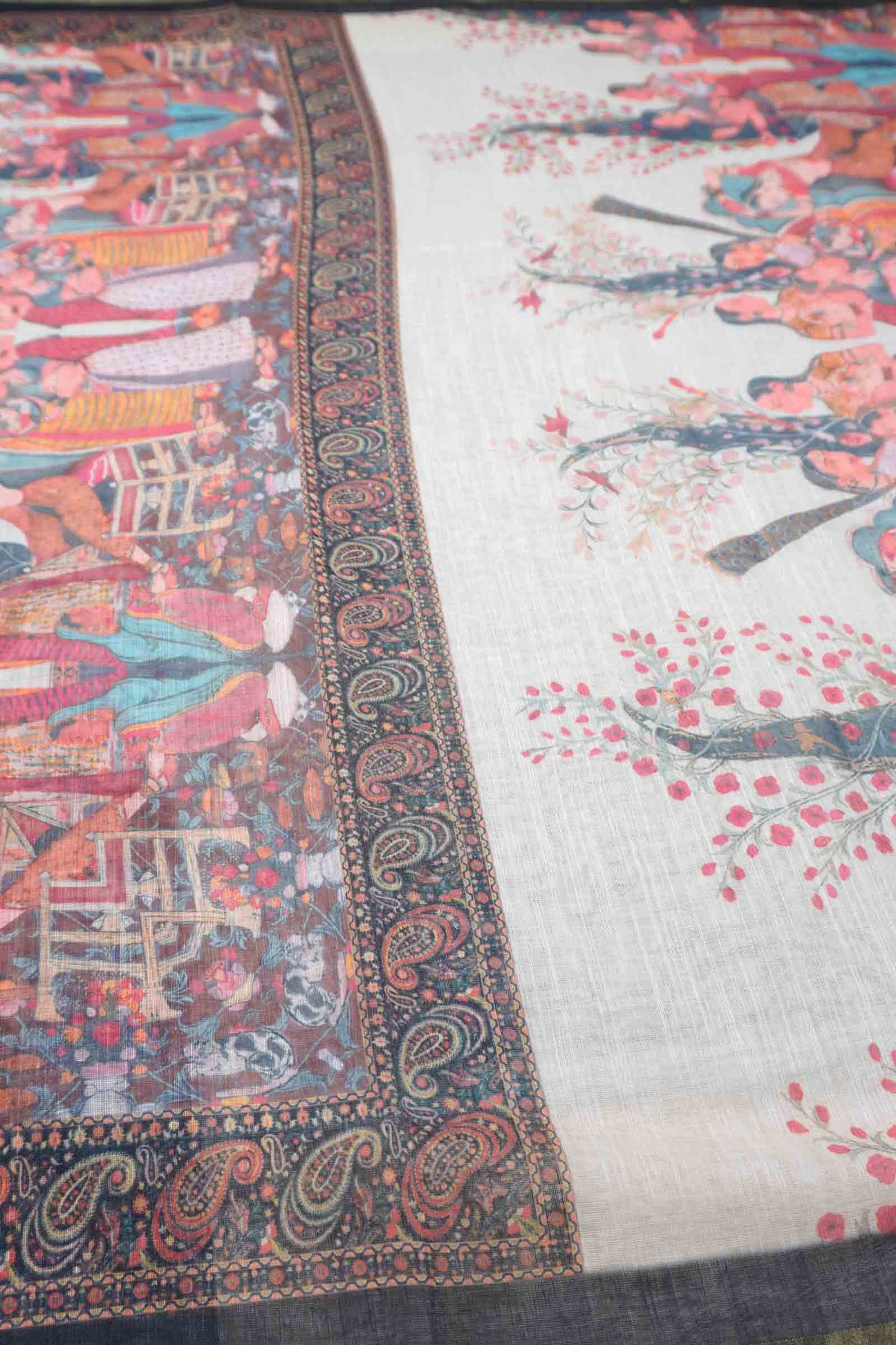 Off White Semi linen Heritage Story Printed Zari Border Saree