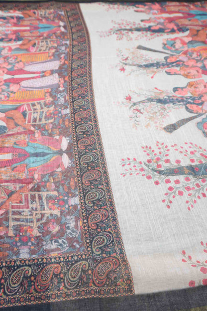 Off White Semi linen Heritage Story Printed Zari Border Saree