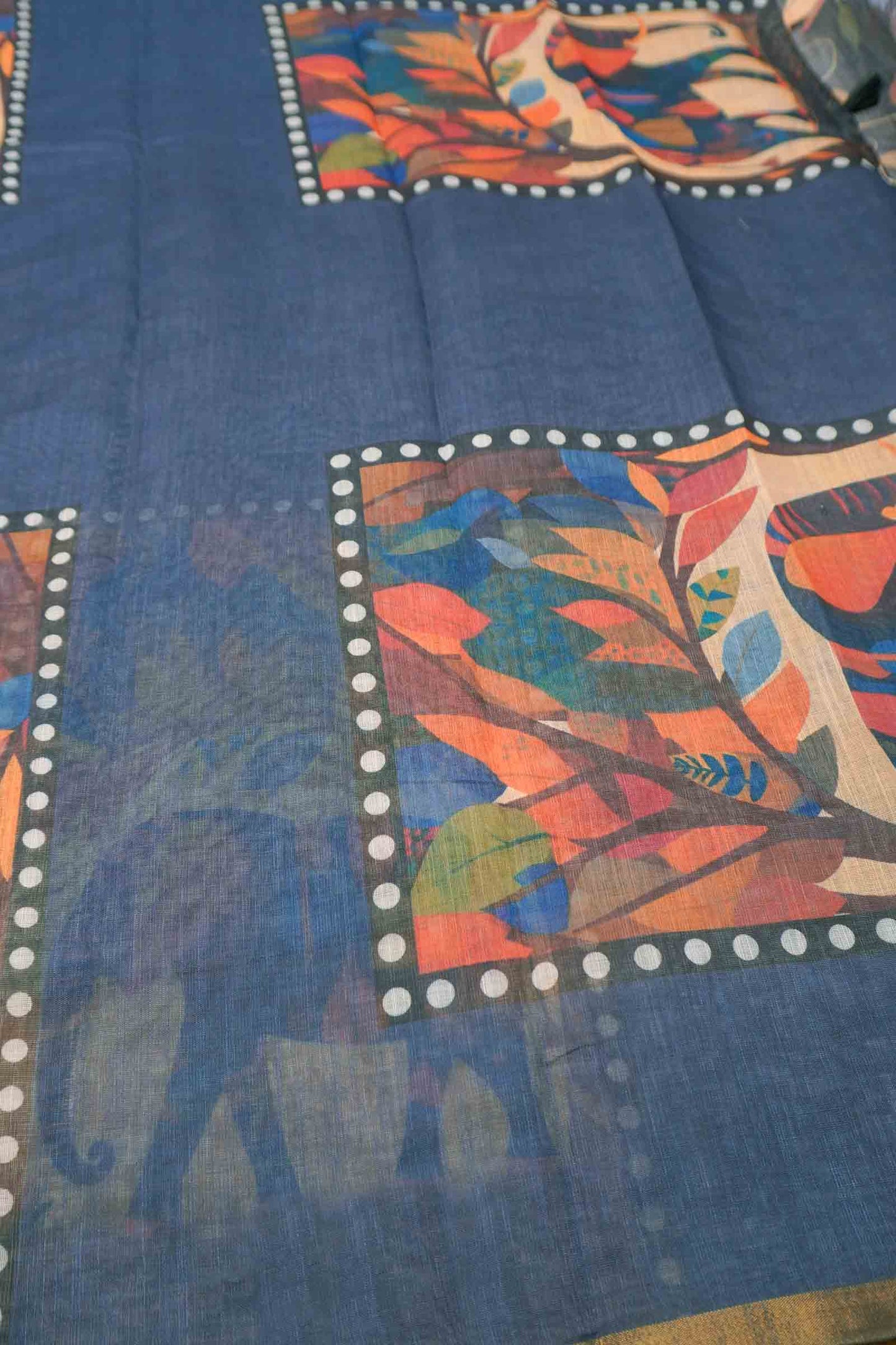 Grey Semi Linen Elephant Frames Zari Border Saree