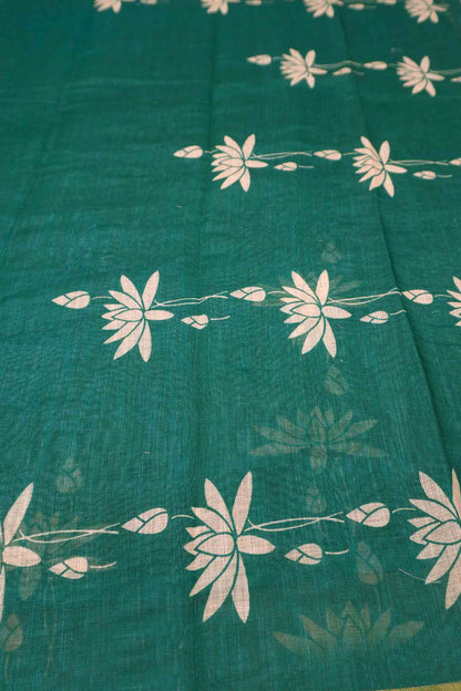 Green Semi Linen Regal Lotus Printed Zari Border Saree