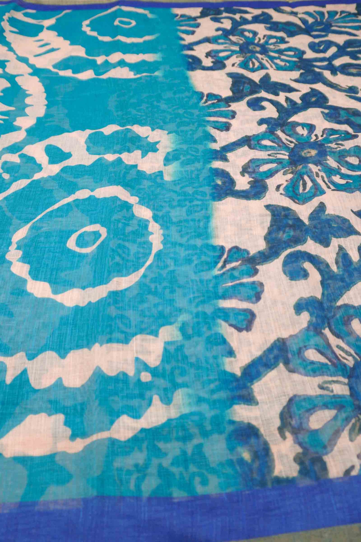 Sky Blue Semi Linen Artsy Rings Printed Zari Border Floral Pallu Saree