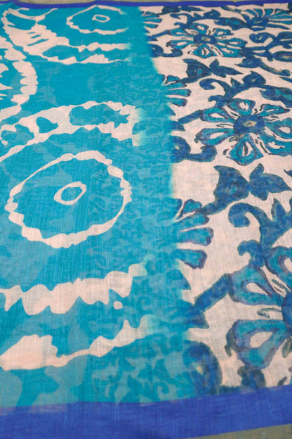 Sky Blue Semi Linen Artsy Rings Printed Zari Border Floral Pallu Saree