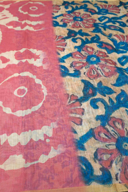Pink Semi Linen Artsy Rings Printed Zari Border Floral Pallu Saree