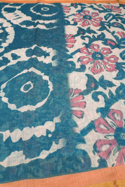 Grey Semi Linen Artsy Rings Printed Zari Border Floral Pallu Saree