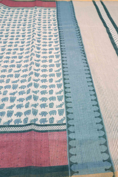 Off White Semi Linen Elephant Printed Zari Border Saree