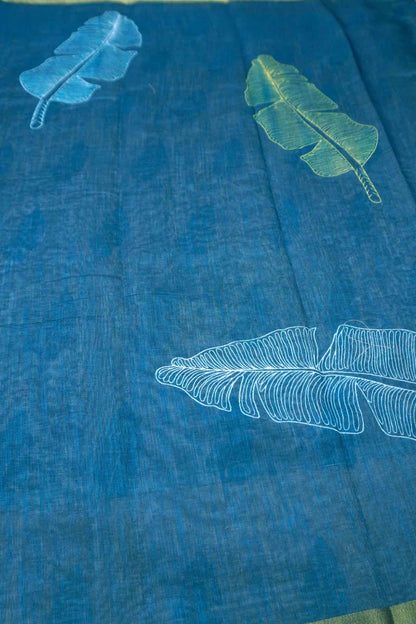 Blue Semi Linen Grand Greens Printed Zari Border Saree