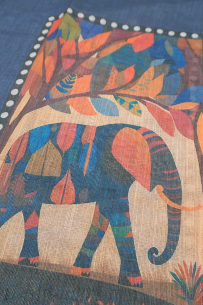 Grey Semi Linen Elephant Frames Zari Border Saree