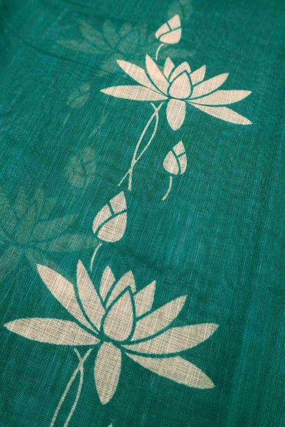 Green Semi Linen Regal Lotus Printed Zari Border Saree