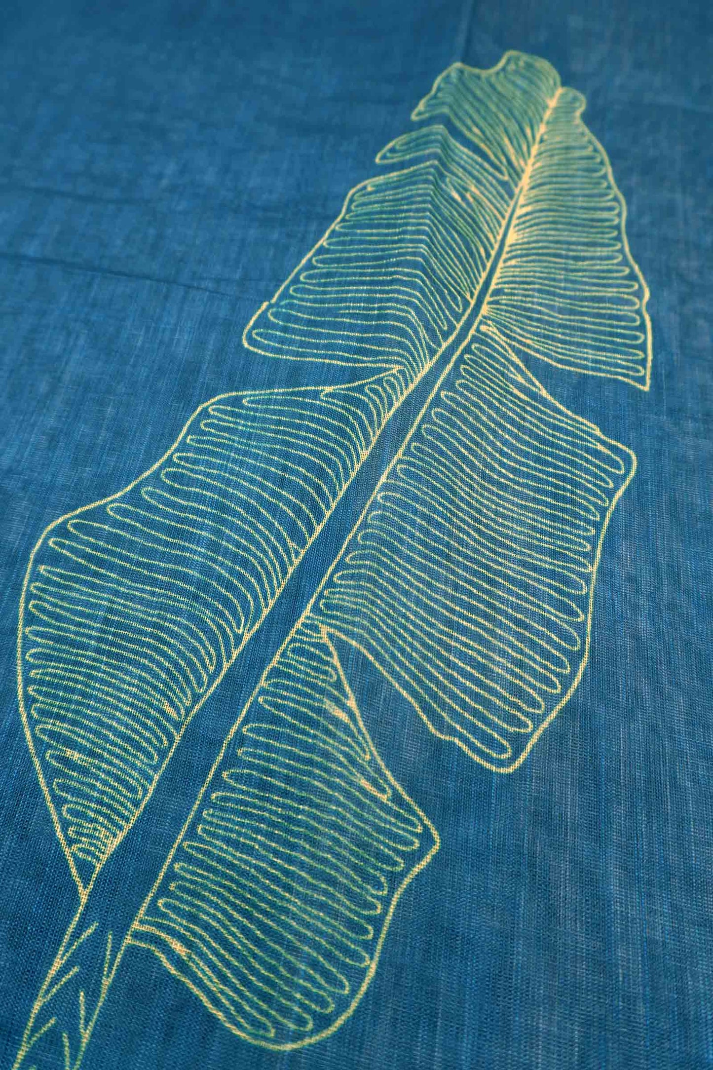 Blue Semi Linen Grand Greens Printed Zari Border Saree