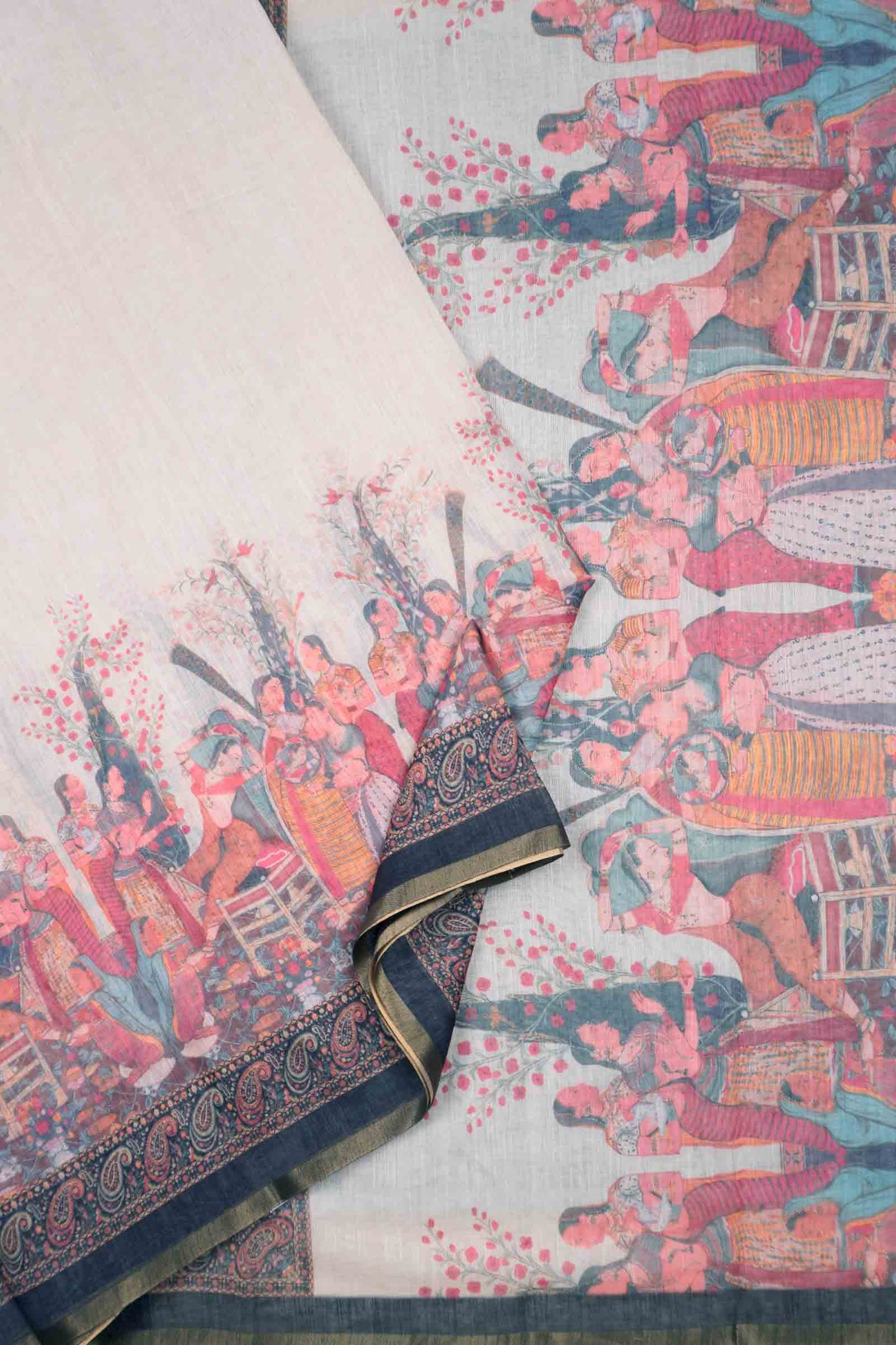 Off White Semi linen Heritage Story Printed Zari Border Saree