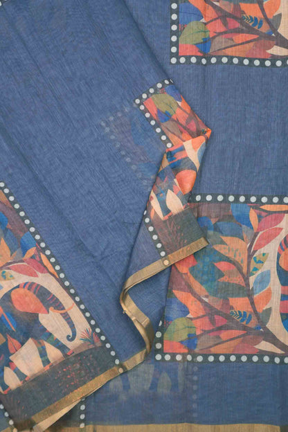 Grey Semi Linen Elephant Frames Zari Border Saree