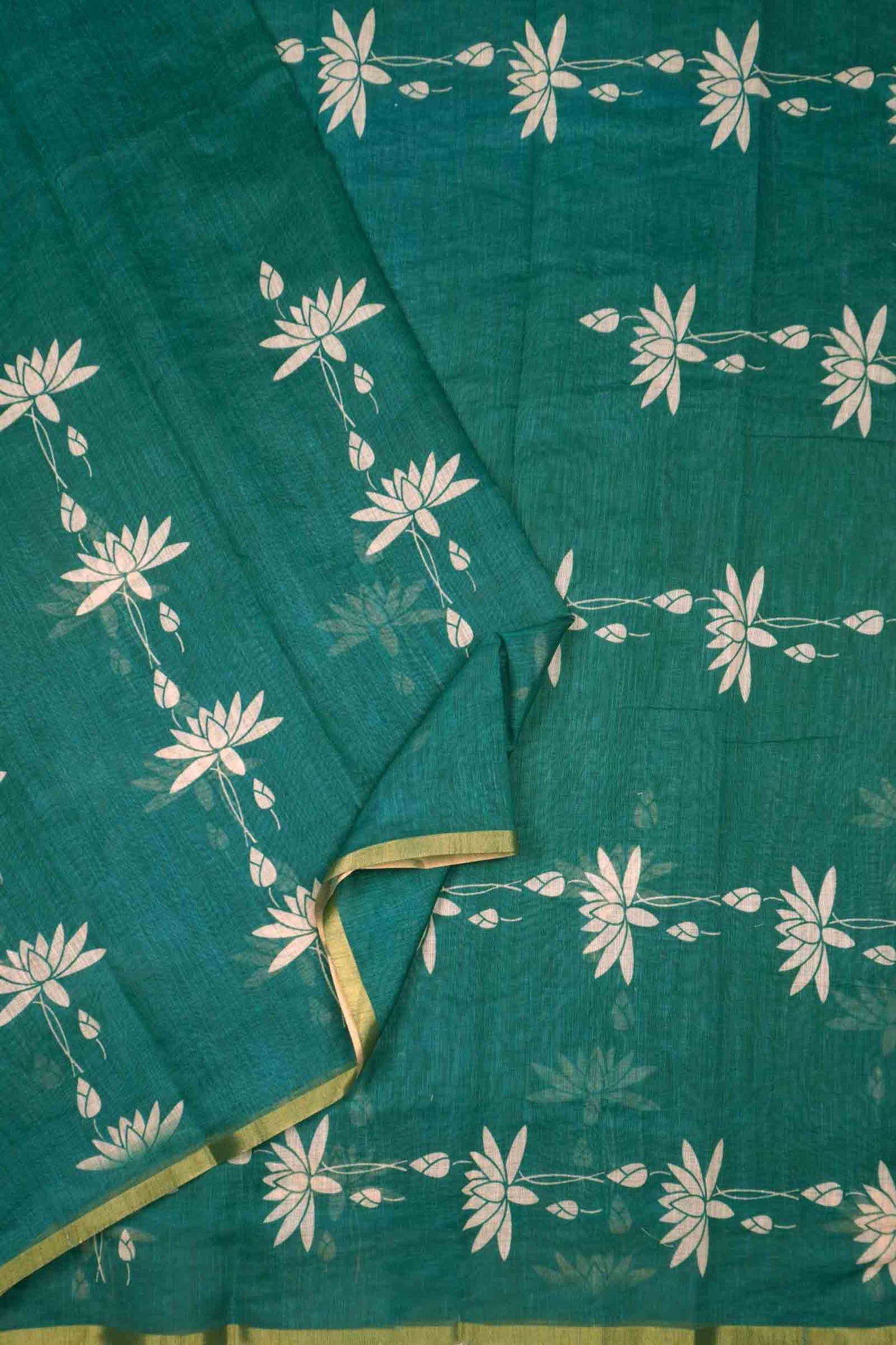 Green Semi Linen Regal Lotus Printed Zari Border Saree