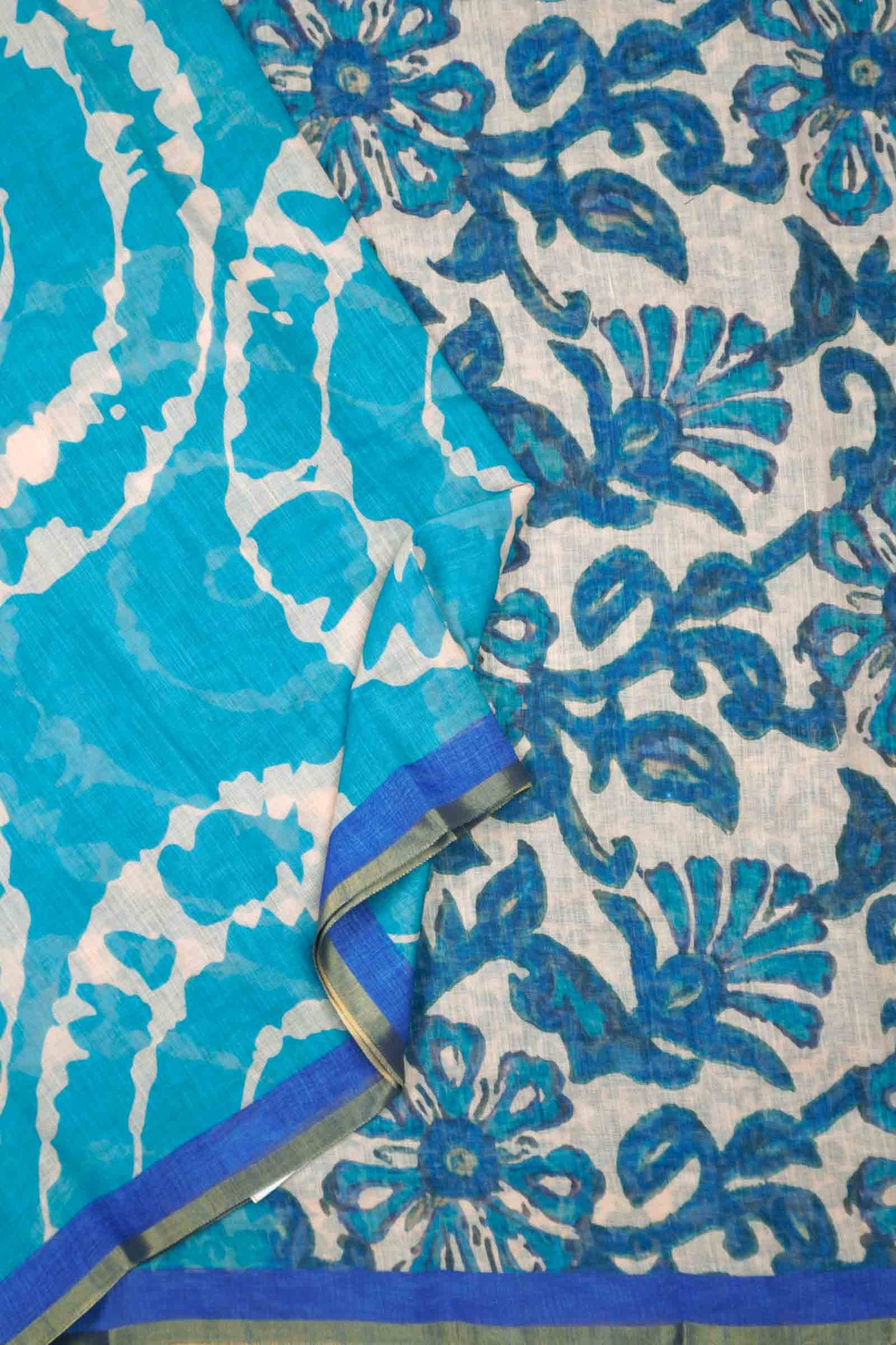 Sky Blue Semi Linen Artsy Rings Printed Zari Border Floral Pallu Saree