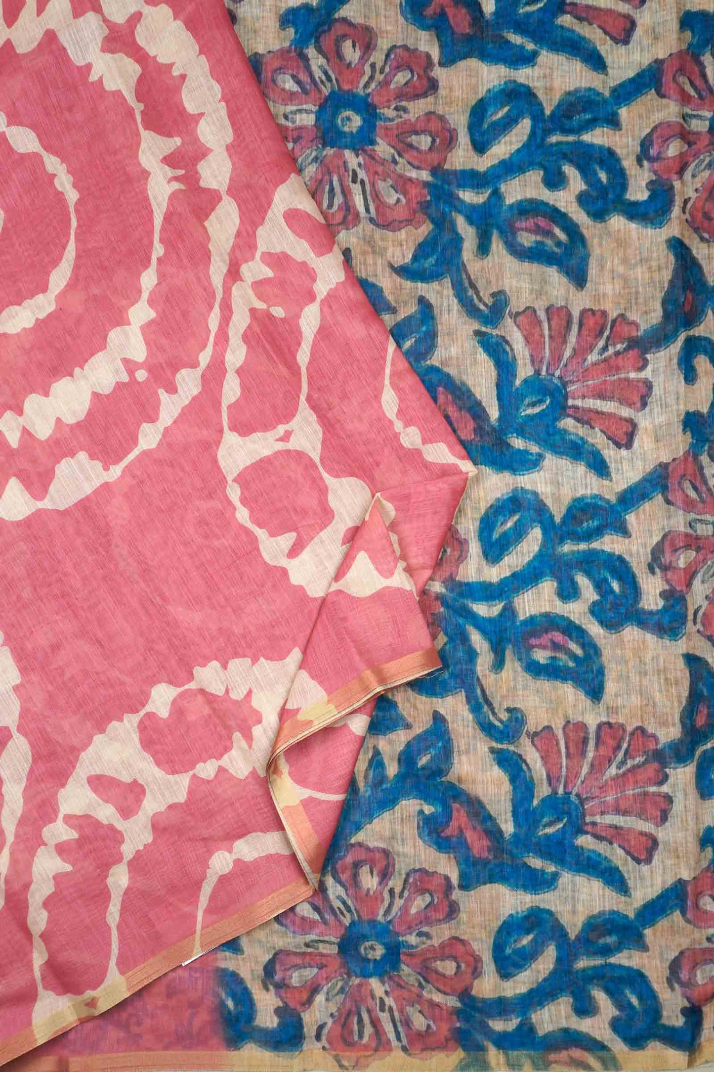Pink Semi Linen Artsy Rings Printed Zari Border Floral Pallu Saree
