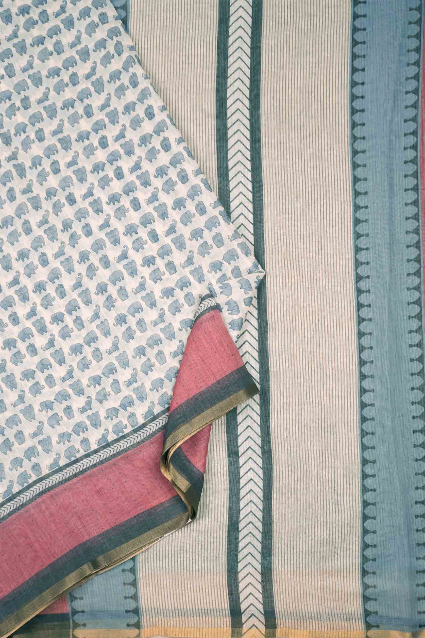 Off White Semi Linen Elephant Printed Zari Border Saree