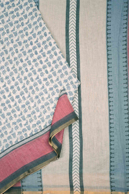 Off White Semi Linen Elephant Printed Zari Border Saree