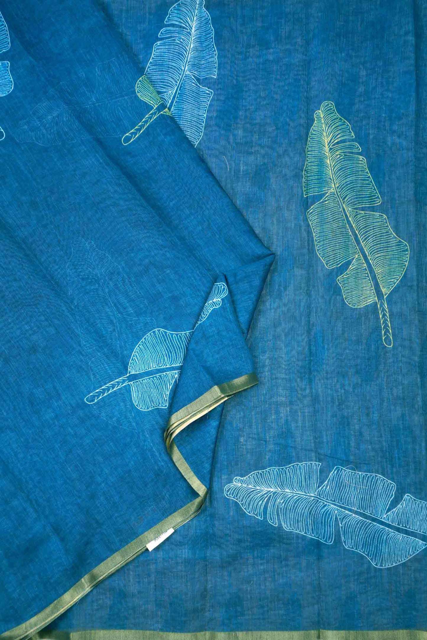Blue Semi Linen Grand Greens Printed Zari Border Saree