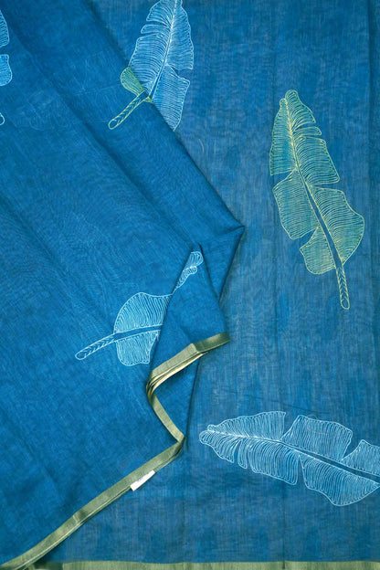 Blue Semi Linen Grand Greens Printed Zari Border Saree