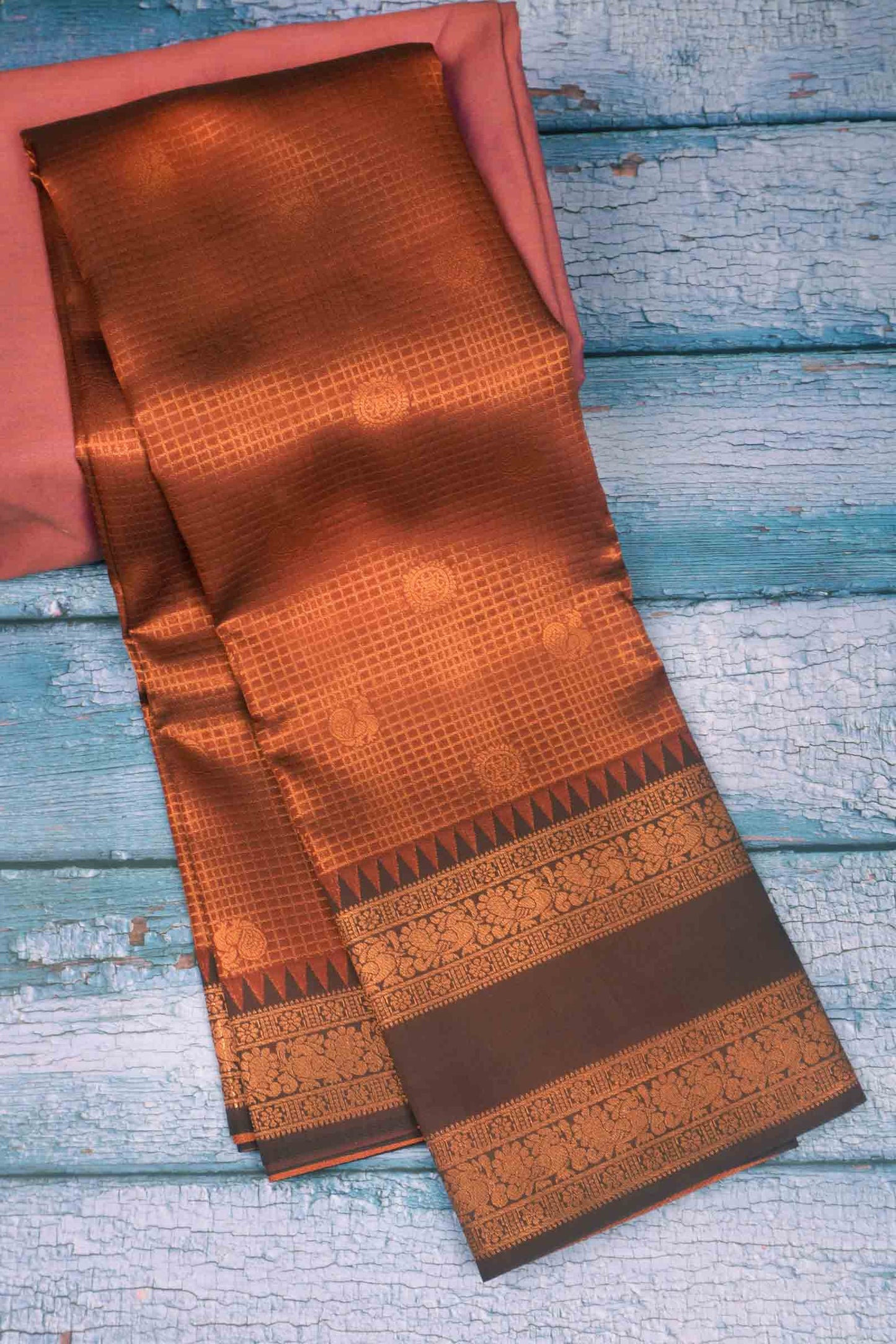 Brown Semi Soft Silk Mini Checks Peacock Butta Zari Border  Saree