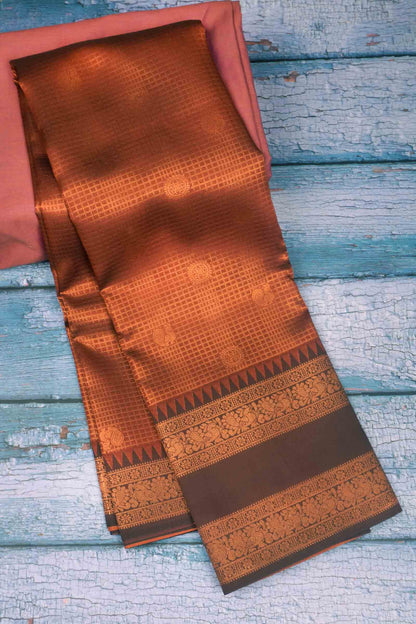 Brown Semi Soft Silk Mini Checks Peacock Butta Zari Border  Saree