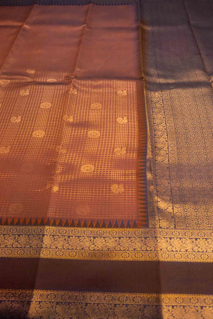 Brown Semi Soft Silk Mini Checks Peacock Butta Zari Border  Saree