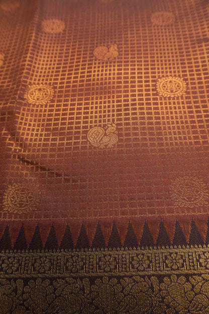 Brown Semi Soft Silk Mini Checks Peacock Butta Zari Border  Saree