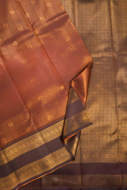 Brown Semi Soft Silk Mini Checks Peacock Butta Zari Border  Saree