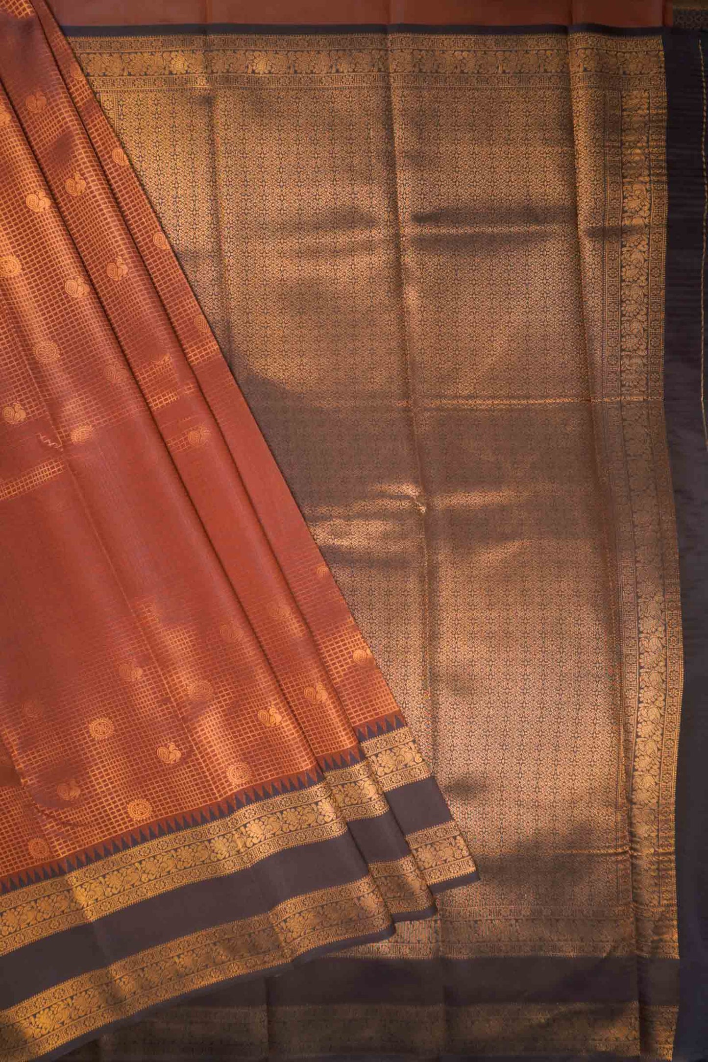 Brown Semi Soft Silk Mini Checks Peacock Butta Zari Border  Saree