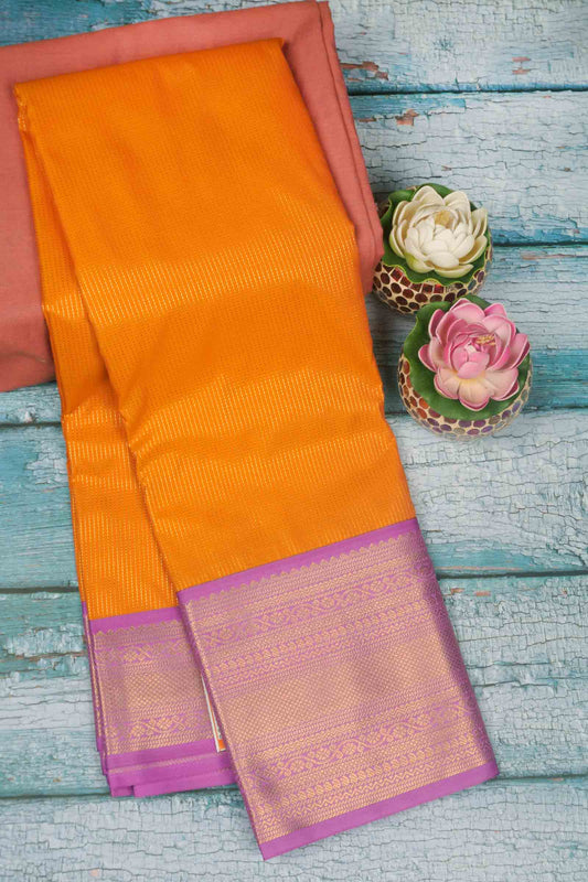 Dark Yellow Semi Soft Silk Vairaoosi Style Stripes Purple Zari Border  Saree