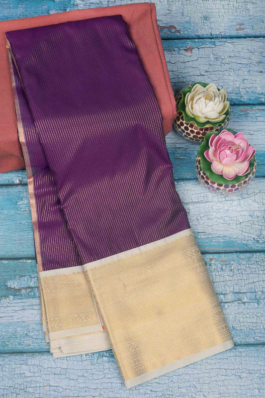 Violet Semi Soft Silk Vairaoosi Style Stripes Ivory Zari Border  Saree