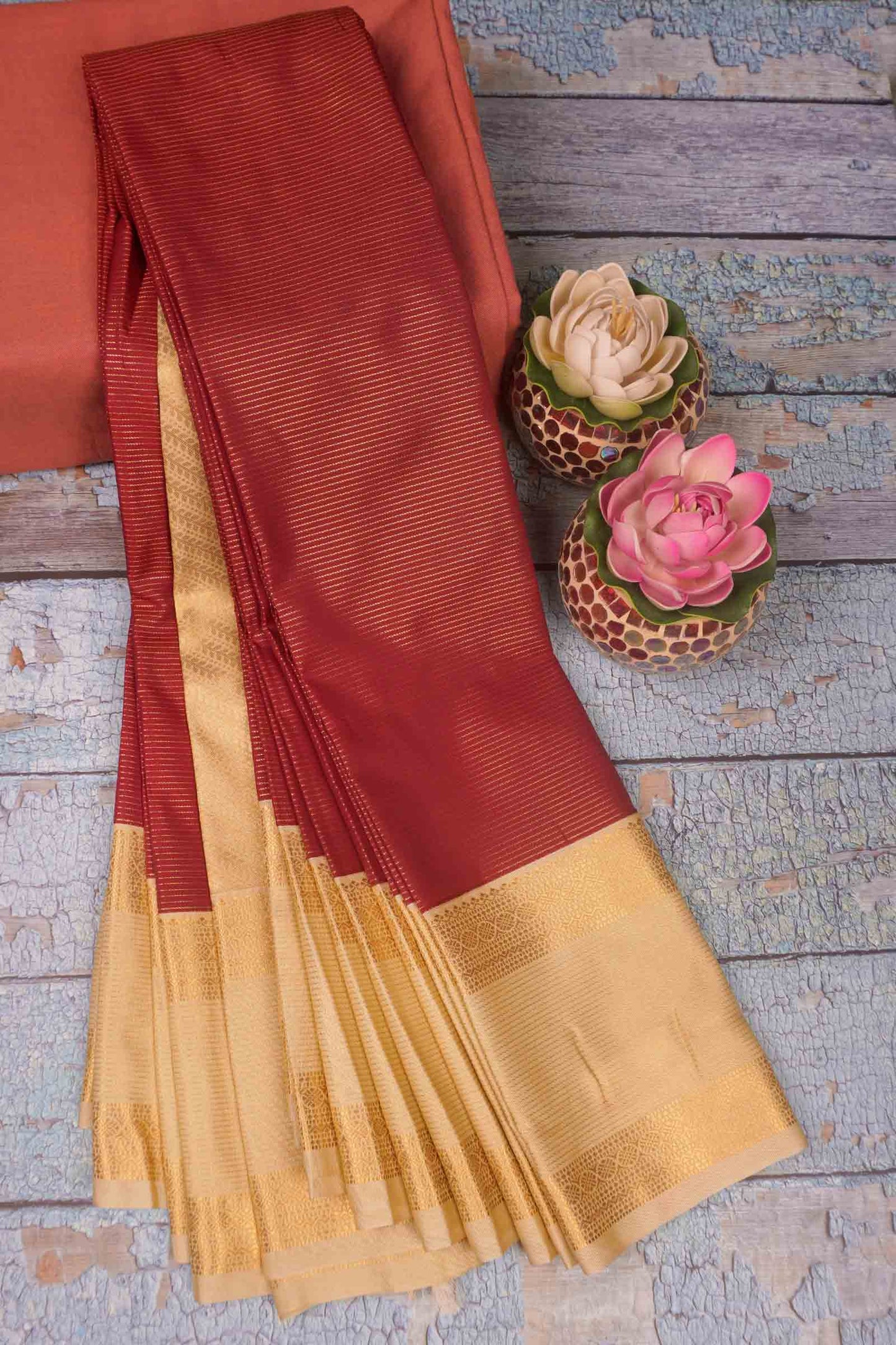 Dark Brown Semi Soft Silk Pinstripes Butta Ivory Border  Saree