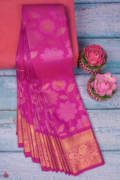 Magenta Pink Semi Silk Floral SelfJacquard Rich Pallu Saree