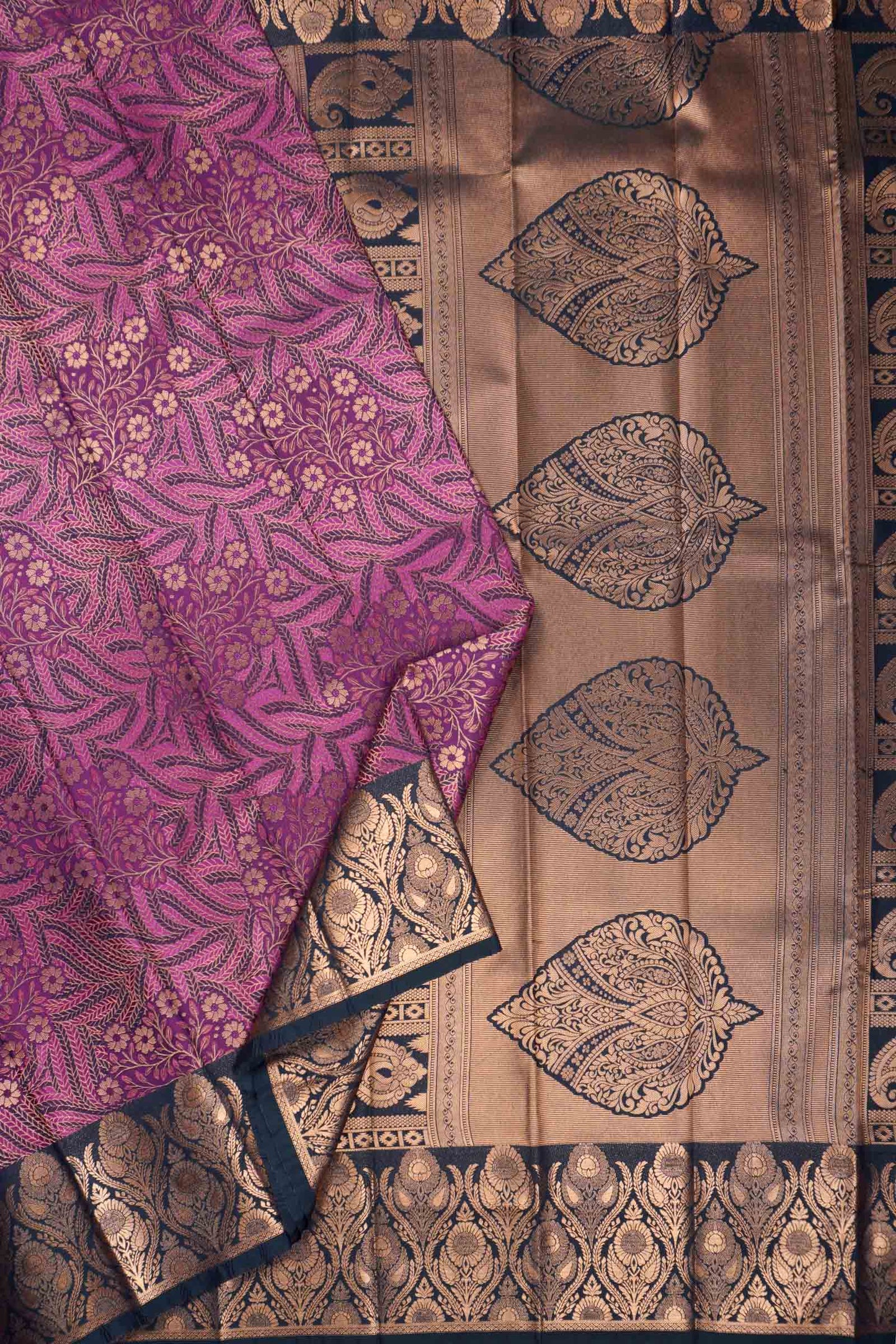 Purple With Dark Green Semi Silk Star Leaf Florals Zari Border Saree